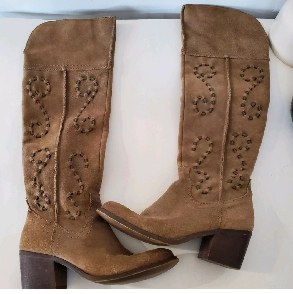 CARLOS SANTANA 6.5 NOBEL Suede Leather Tall OTK Tan Boots Zip Boho Festival EUC